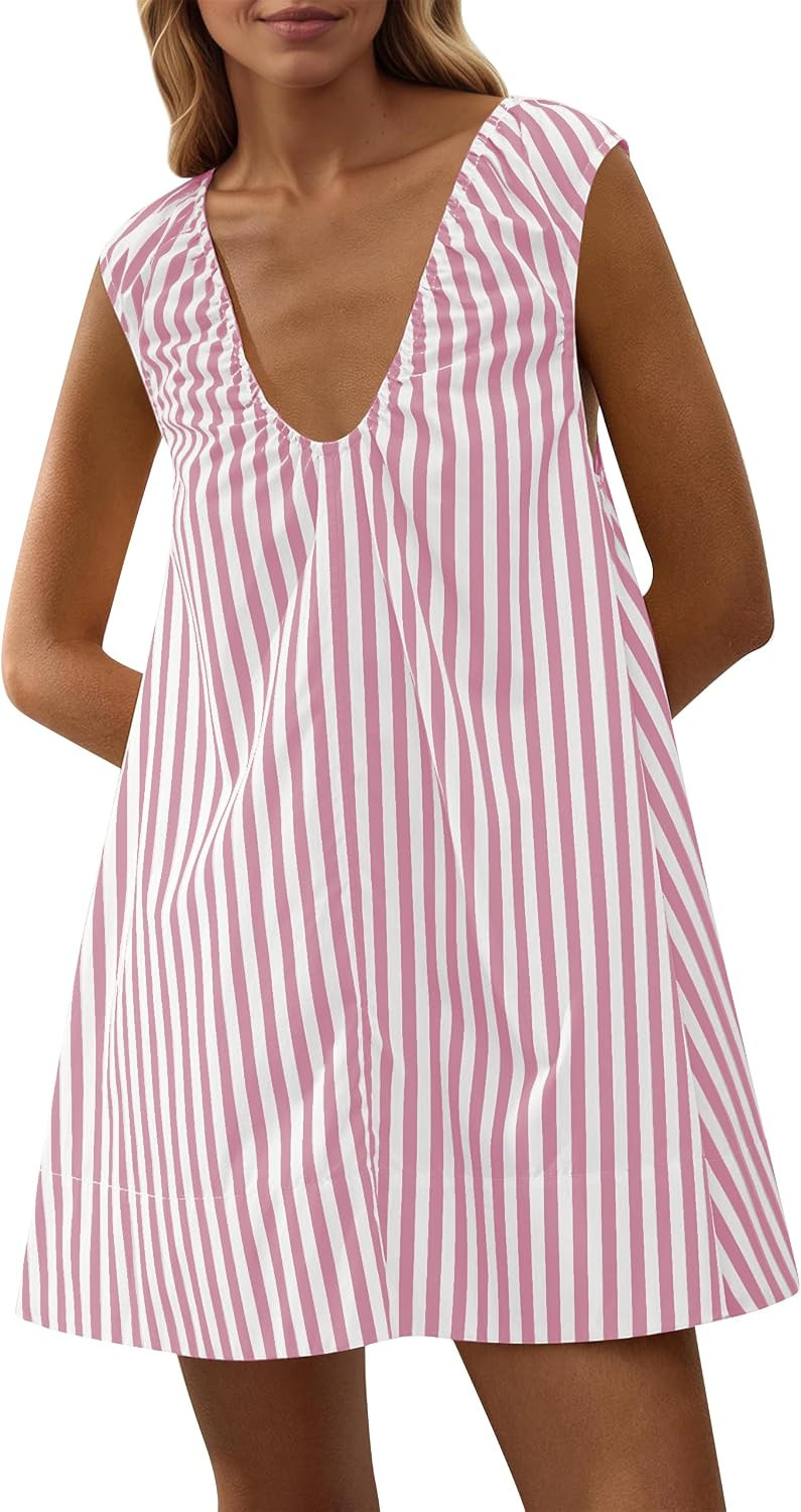 Women Summer Sleeveless Babydoll Mini Dress Scoop Neck Loose Fit Tank Dresses Party Ruched Short Dress witn Pockets | Amazon (US)