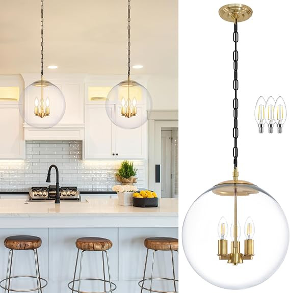 KoKo&Yukina 14" Gold Globe Pendant Light Mid Century Pendant Light Clear Glass Pendant Lights Kit... | Amazon (US)