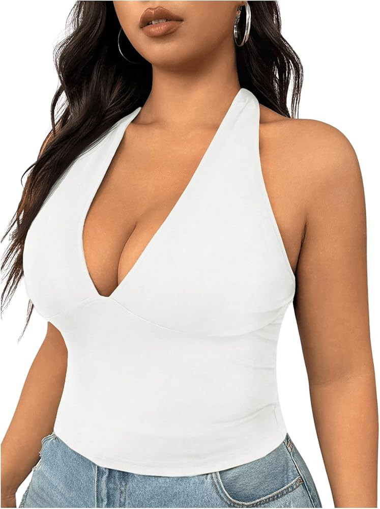 SOLY HUX Women's Plus Size Sexy Halter Deep V Neck Tank Top Backless Sleeveless Slim Fitted Going... | Amazon (US)