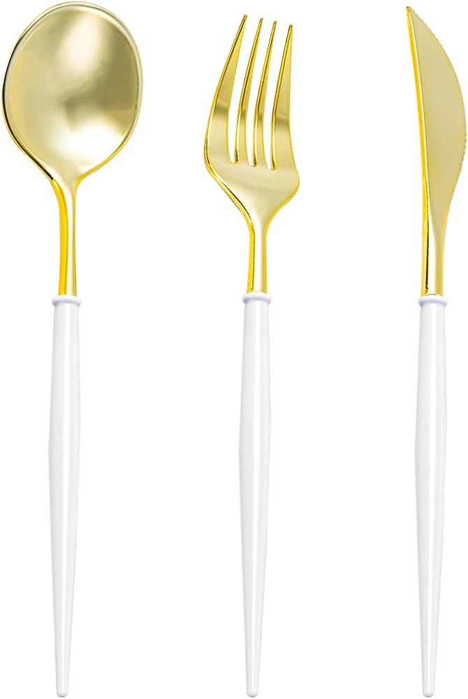 N9R 90PCS Gold Plastic Silverware - Gold Plastic Cutlery Set with White Handle, Heavy Duty Plasti... | Amazon (US)