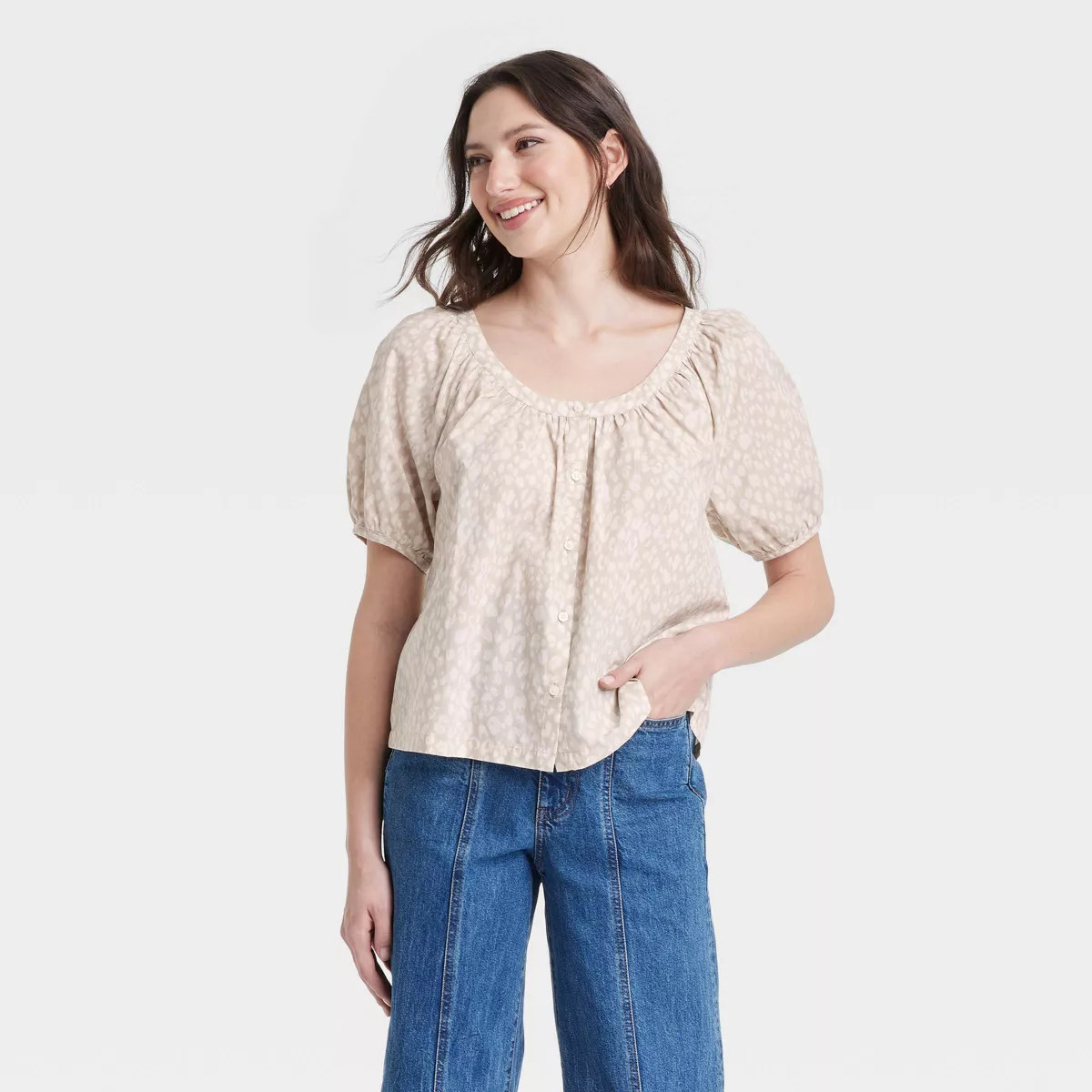 Women's Puff Short Sleeve Blouse - Universal Thread™ Cream Leopard Print M | Target