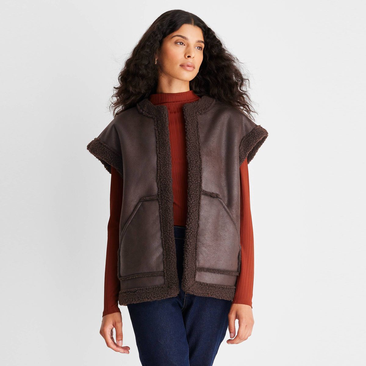 Women's Faux Shearling Lined Leather Vest - Future Collective™ with Reese Blutstein Dark Brown | Target