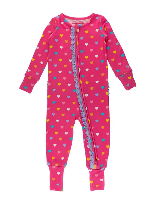 RuffleButts SoftSnooze Baby Girls Ruffle One Piece Convertible Pajamas in Colorful Hearts at Nordstrom, Size Newborn | Nordstrom