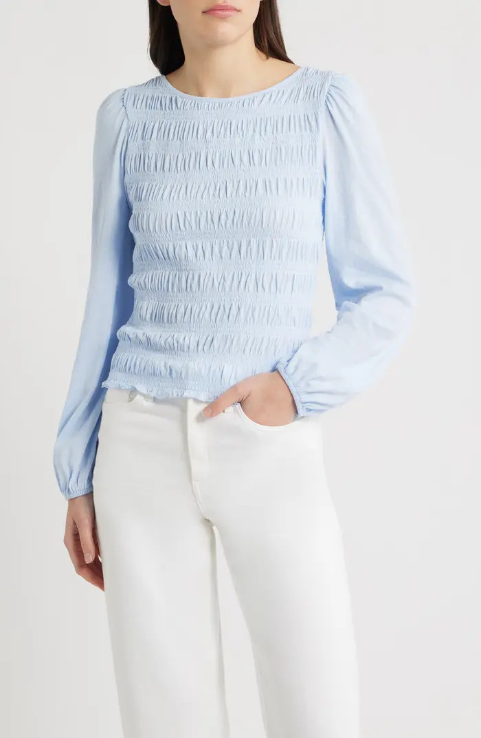 Smocked Boat Neck Long Sleeve Cotton Top | Nordstrom
