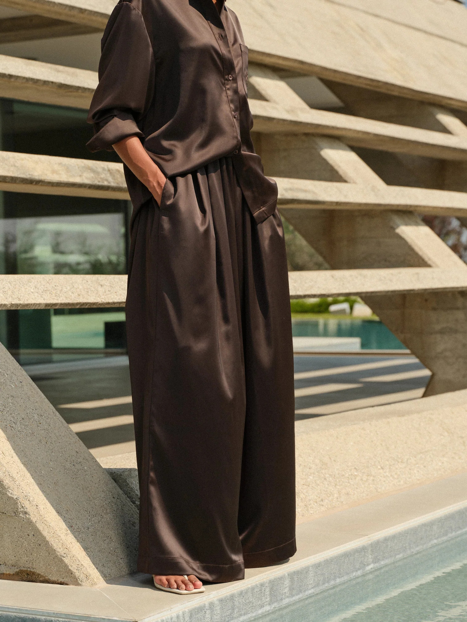 SATIN WIDE LEG TROUSERS - CHOCOLATE | The Couture Club