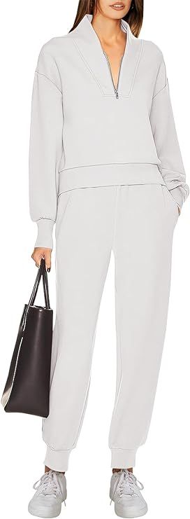 ANRABESS Womens 2 Piece Outfits Sweatsuit Half Zip Cropped Sweatshirt Jogger Sweatpants Travel Ma... | Amazon (US)