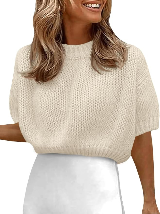 Fisoew Womens Cropped Knit Shirts Casual Puff Short Sleeve Crewneck Solid Loose Lightweight Crop ... | Amazon (US)