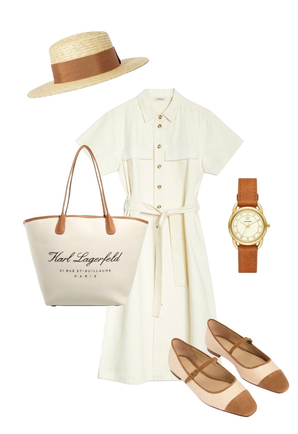 Move over monochrome! THIS is the 2 tone combination I intend to spend most of the summer wearing, with tan and ivory pieces that will take you from work and out for lunch to the beach! 

Haven Women’s Straw Boater Hat - John Lewis 

Ecru / stone Utility Shirtdress - Albaray

Hotel Tote Bag in Tan - Karl Lagerfeld 

Tan Leather Strap Watch - Tory Burch

Tan / Raffia Mary Janes - Boden 

#LTKeurope #LTKsummer #LTKuk