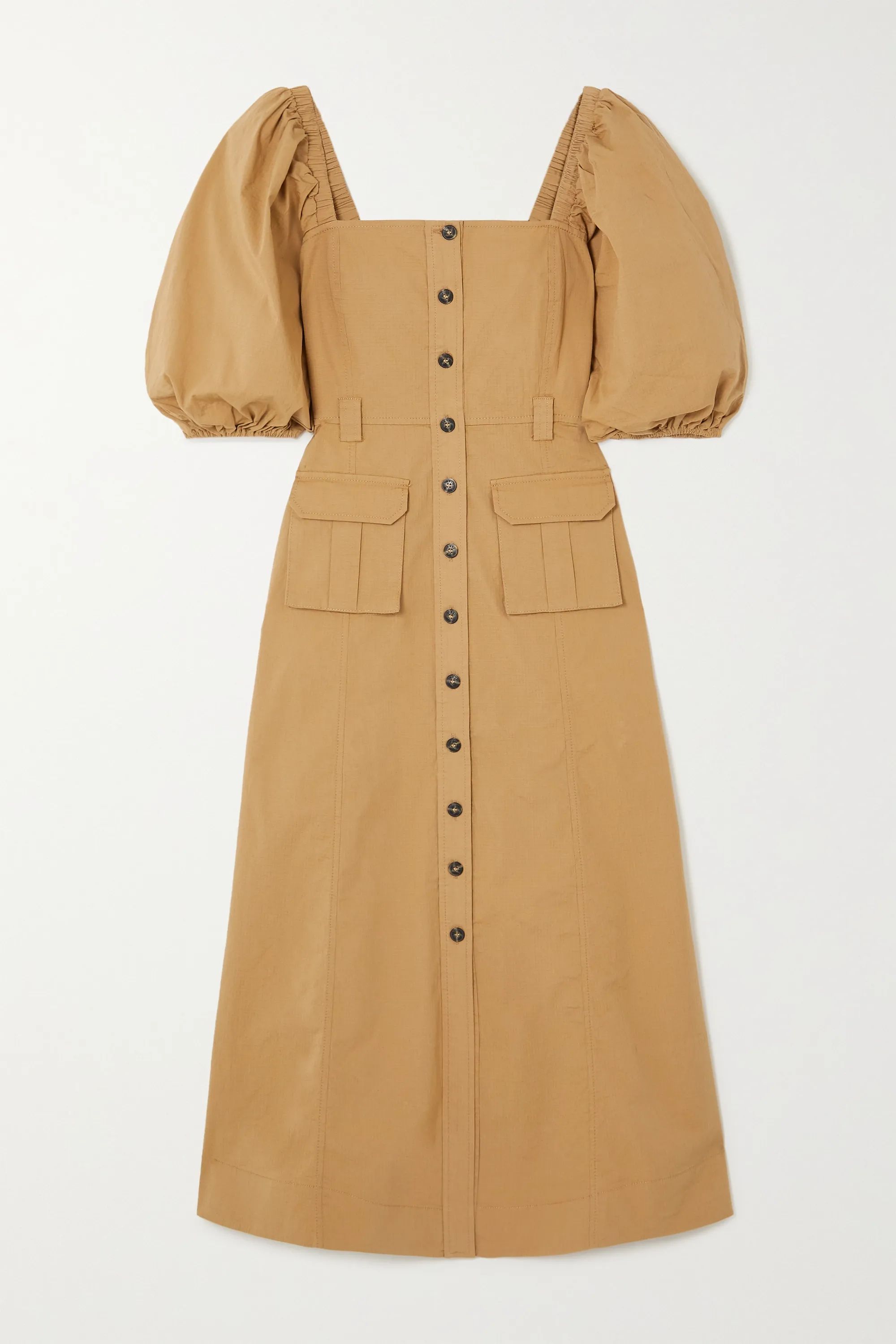 Beige Cotton-blend ripstop midi dress | GANNI | NET-A-PORTER | NET-A-PORTER (US)