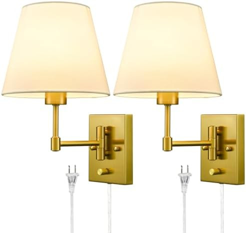 SAMTEEN Gold Plug-in Wall Sconces Set of Two Beige Shade Brass Swing Arm Wall Lamp with Plug-in C... | Amazon (US)