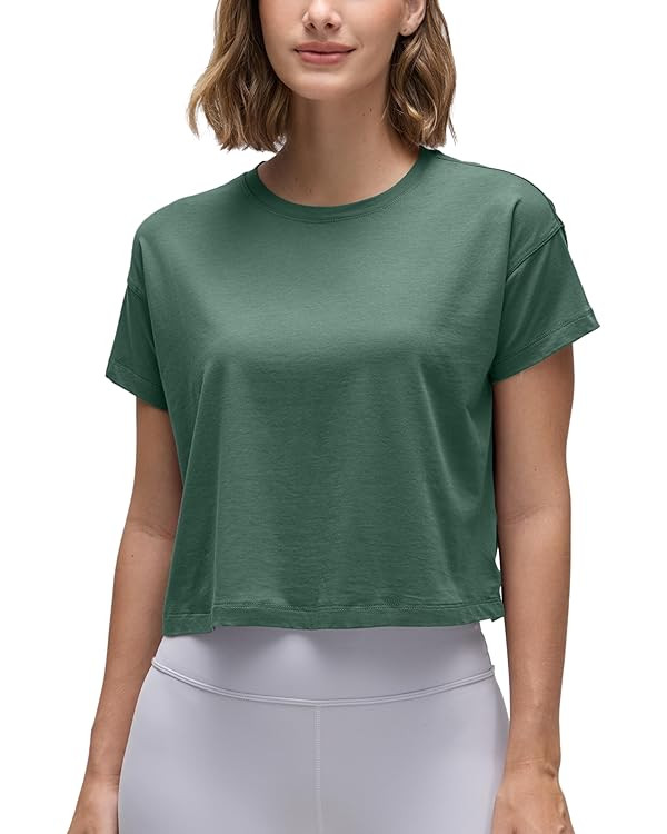 CRZ YOGA Women's Pima Cotton Workout Short Sleeve Shirts Loose Athletic Crop Tops Gym Casual Crop... | Amazon (US)