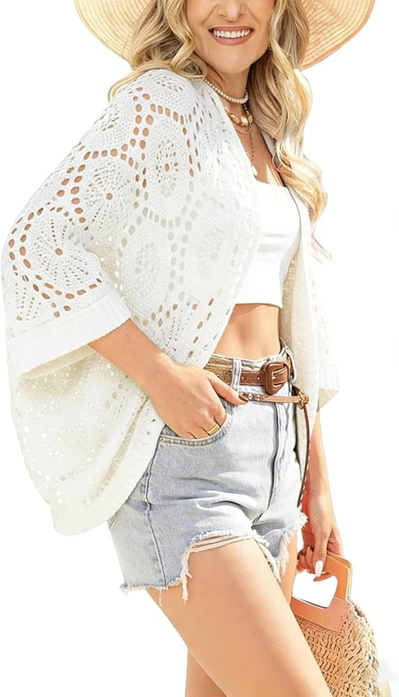 Bankeng Womens Lightweight Crochet Cardigans Summer Oversized 3/4 Sleeve Open Front Knit Kimono C... | Amazon (US)