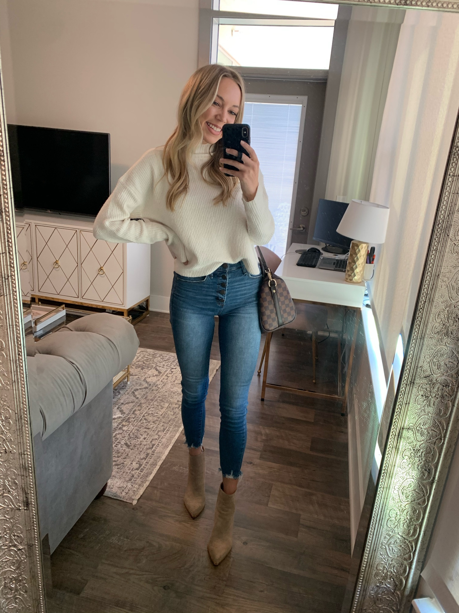 White sweater, fall outfit, cropped turtleneck sweater, Abercrombie jeans, taupe booties, casual fall outfit 

#LTKshoecrush #LTKunder100 #LTKSeasonal