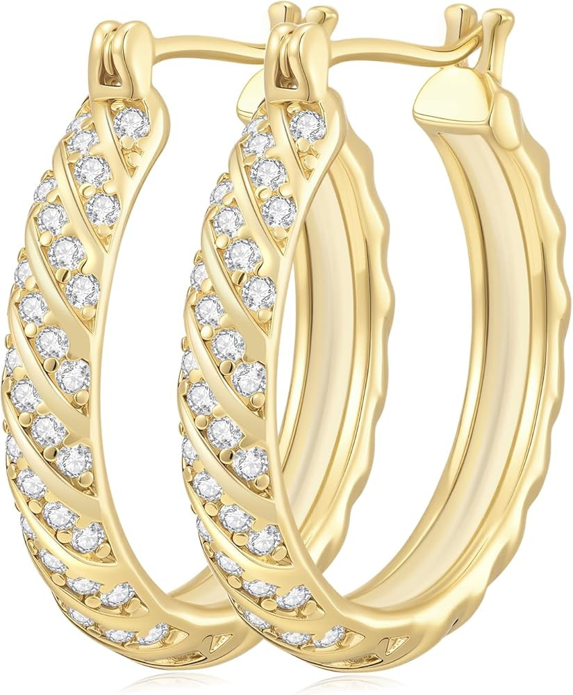 14K Gold Hoop Earrings for Women 14K Gold Earrings Jewelry Spiral Cubic Zirconia Thick Hoops Hypo... | Amazon (US)