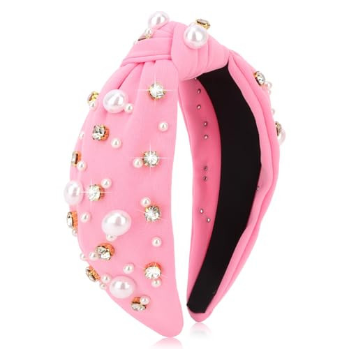 Uintoon Pink Headband for Women Pearl Knotted Headband Sparkly Rhinestone Pearls Top Knotted Headbands Fashion Accessories Cute Hair Bands for Women Girls | Amazon (US)