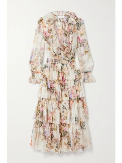 Zimmermann - Brighton Ruffled Floral-print Silk-crepon Midi Dress - Ivory | NET-A-PORTER (US)