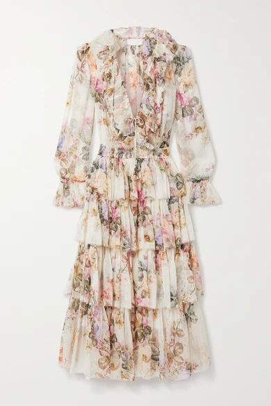 Zimmermann - Brighton Ruffled Floral-print Silk-crepon Midi Dress - Ivory | NET-A-PORTER (US)
