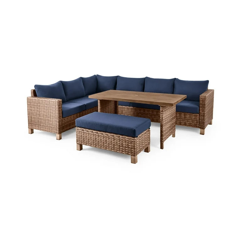 Better Homes & Gardens Brookbury 4-Piece Wicker Patio Sectional Dining Set with Navy Cushions | Walmart (US)