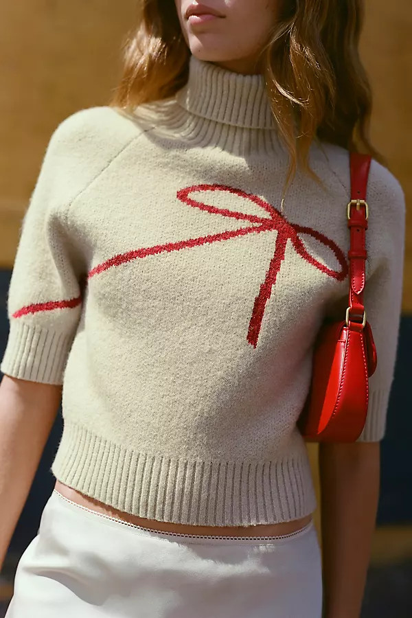 En Saison Merrill Short-Sleeve Bow Crop Sweater | Anthropologie (US)