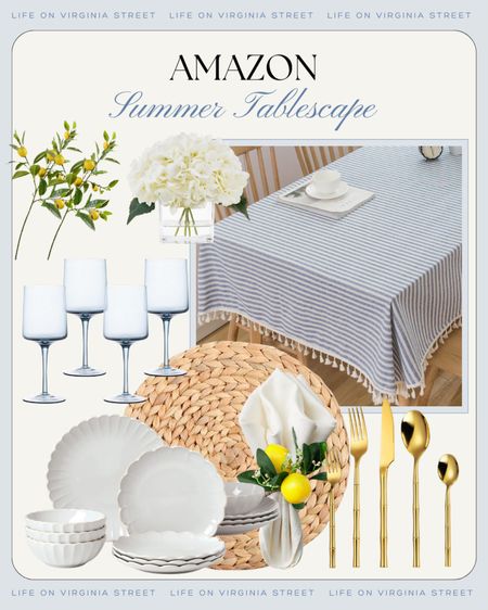 Loving this summer tablescape with items from Amazon! Loving the light blue stripes paired with the lemon vibes including this striped tablecloth, scalloped plates, light blue glasses, lemon stems, gold flatware, seagrass chargers, faux hydrangea centerpiece, and lemon napkin holder.
.
#ltkhome #ltksalealert #ltkfindsunder50 #ltkfindsunder100 #ltkstyletip #ltkseasonal #ltkparties

#LTKSeasonal #LTKSaleAlert #LTKHome