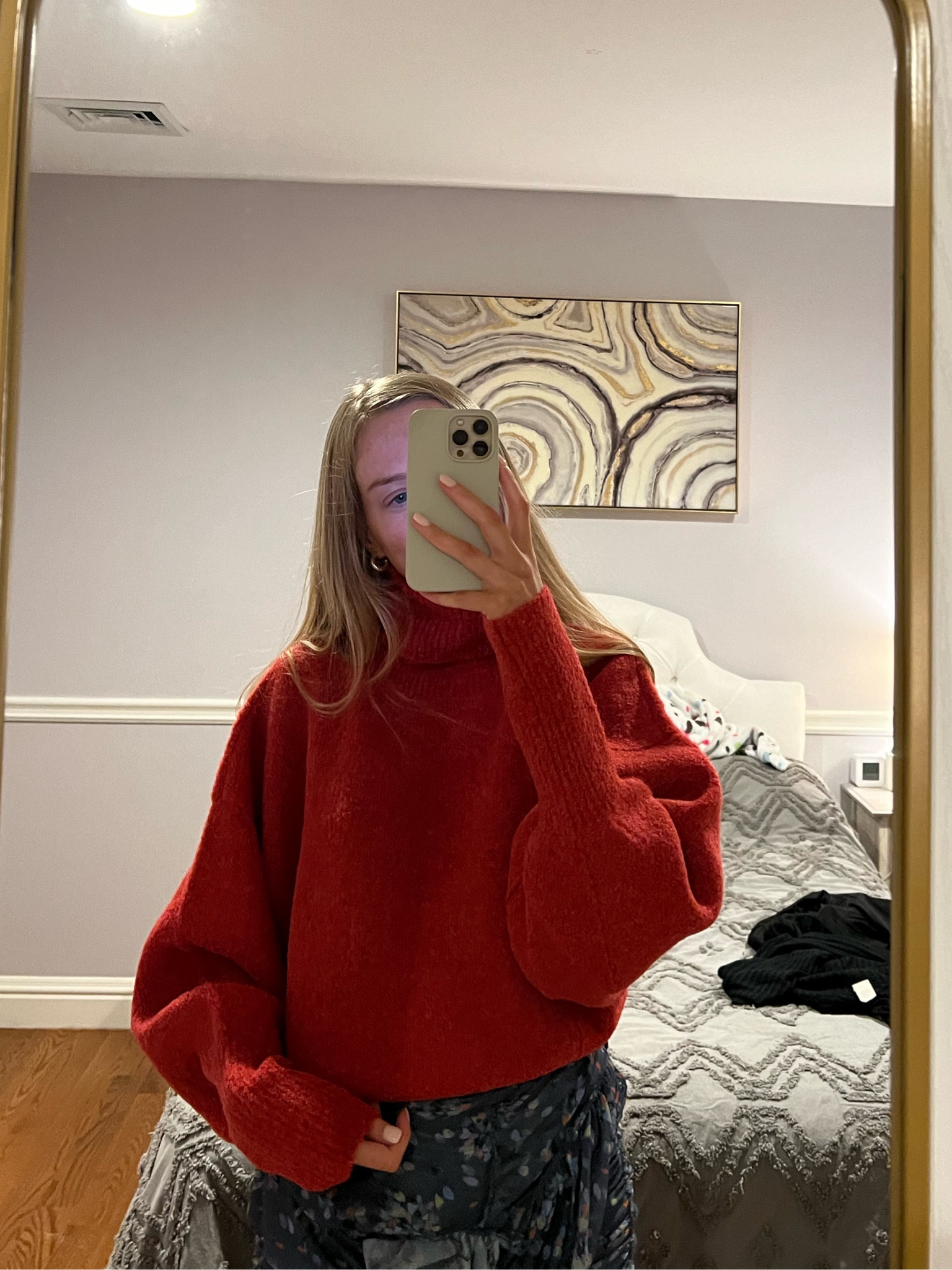 fuzzy red turtleneck 
