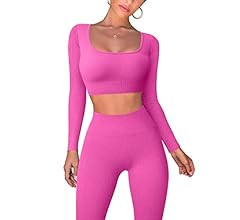 OQQ Workout Outfits for Women 2 Piece Ribbed Exercise Long Sleeve Tops High Waist Leggings Active... | Amazon (US)