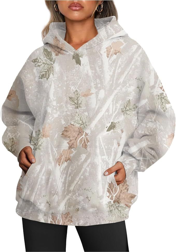 Jielayou Women's Camo Hoodie Maple-Leaf Print Oversized Sweatshirt Fleece Hooded Sweatshirts with... | Amazon (US)