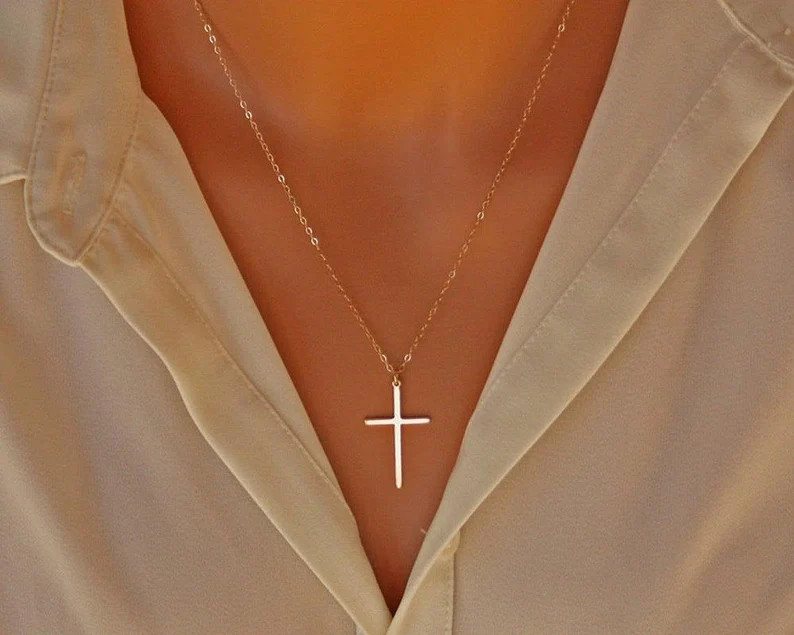 Elegant Cross Necklace 14K Gold Filled, Long Large Skinny Cross Necklace Simple, Mothers Day Gift... | Etsy (US)