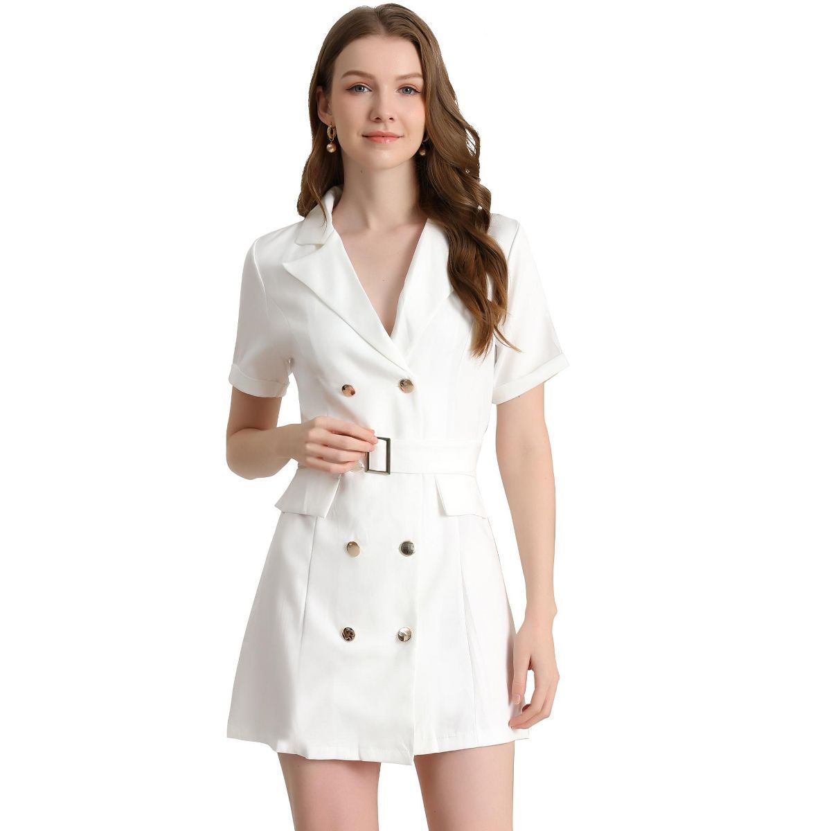 Allegra K Women's Solid Double-Breasted Turn-Down Collar Casual Work Belted Dress | Target