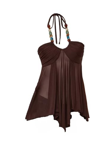 OYOANGLE Women's Boho Tops Chic Beaded Halter Top Y2K Flowy Mesh Tank Tops | Amazon (US)