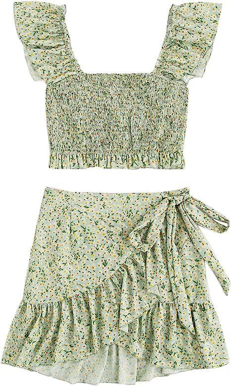 MakeMeChic Women's Two Piece Ruffle Trim Cami Crop Top and Wrap Skirt Set | Amazon (US)