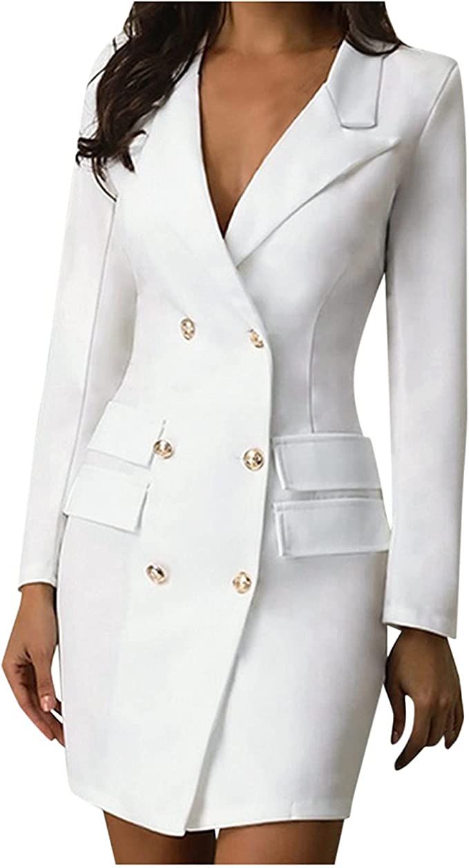 Business Blazers Dresses for Women, Casual Work Double Breasted Long Sleeve Fall Jackets Coats Sl... | Amazon (US)