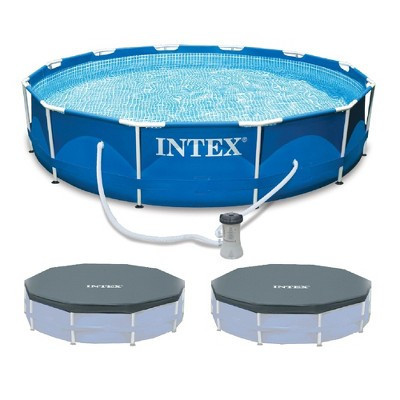 INTEX Metal Frame 12ft x 30in Round 6 Person Outdoor Swimming Pool Set with Filter Pump, Type-A Cartridge and Pool Covers (2-Pack), Tool-Free Assembly | Target