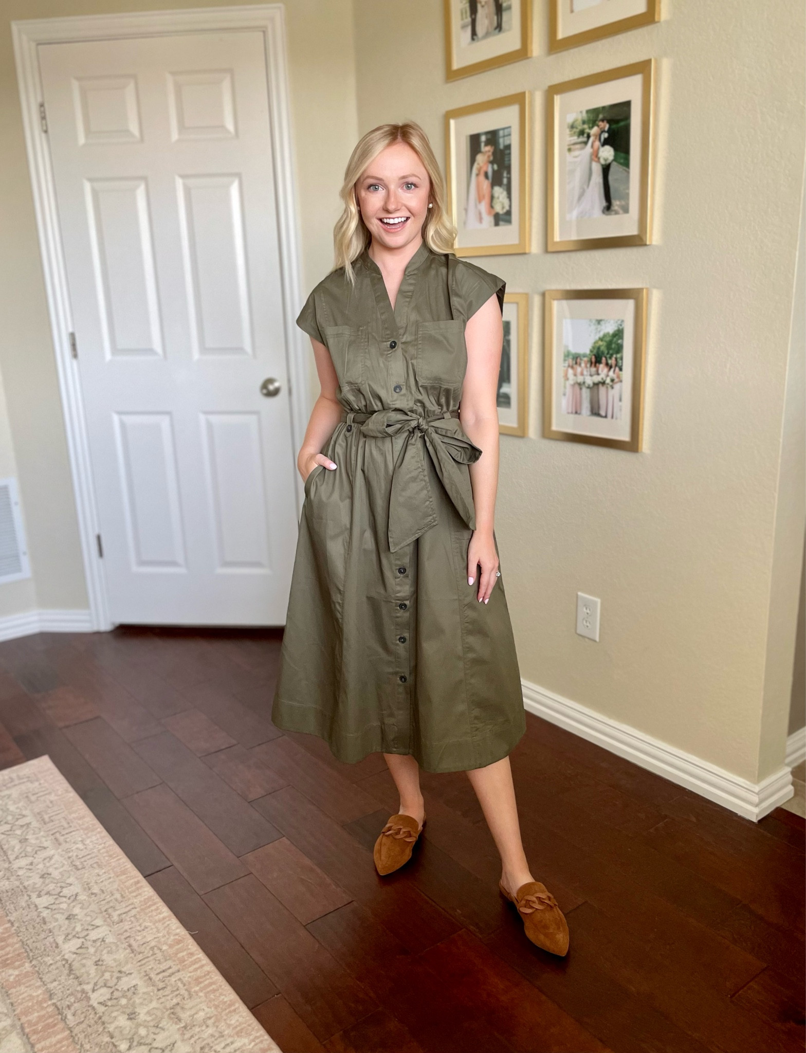 Wearing an XS | midi dress, fall dress, olive green dress, utility dress, teacher dress, teacher outfit, fall workwear, mules 

#LTKFind #LTKBacktoSchool #LTKSeasonal
