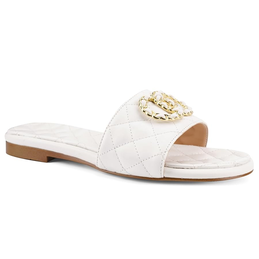 Flat Sandals for Women Slip On Summer Leather Open Round Toe Casual Fashion Slippers Shoes | Amazon (US)