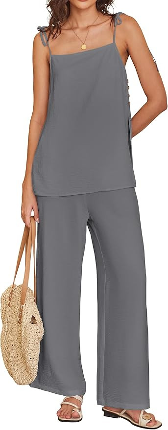 ANRABESS 2 Piece Sets for Women Summer Casual Lounge Spaghetti Strap Top Wide Leg Pants Matching ... | Amazon (US)
