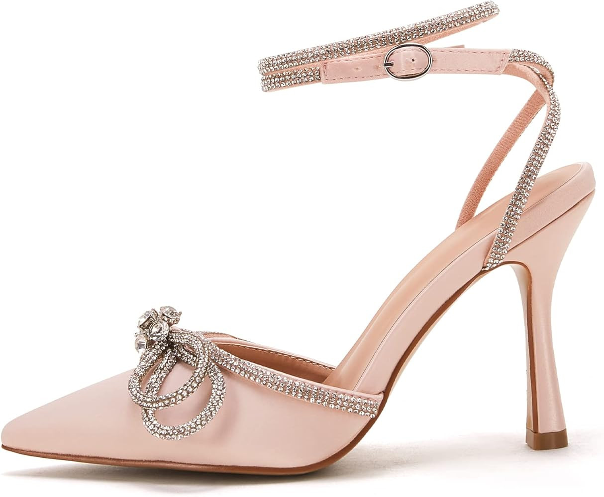 TINSTREE Women's Rhinestone Ankle Strap Heeled Sandals Satin Pointy Toe Stilettos High Heels Pump... | Amazon (US)