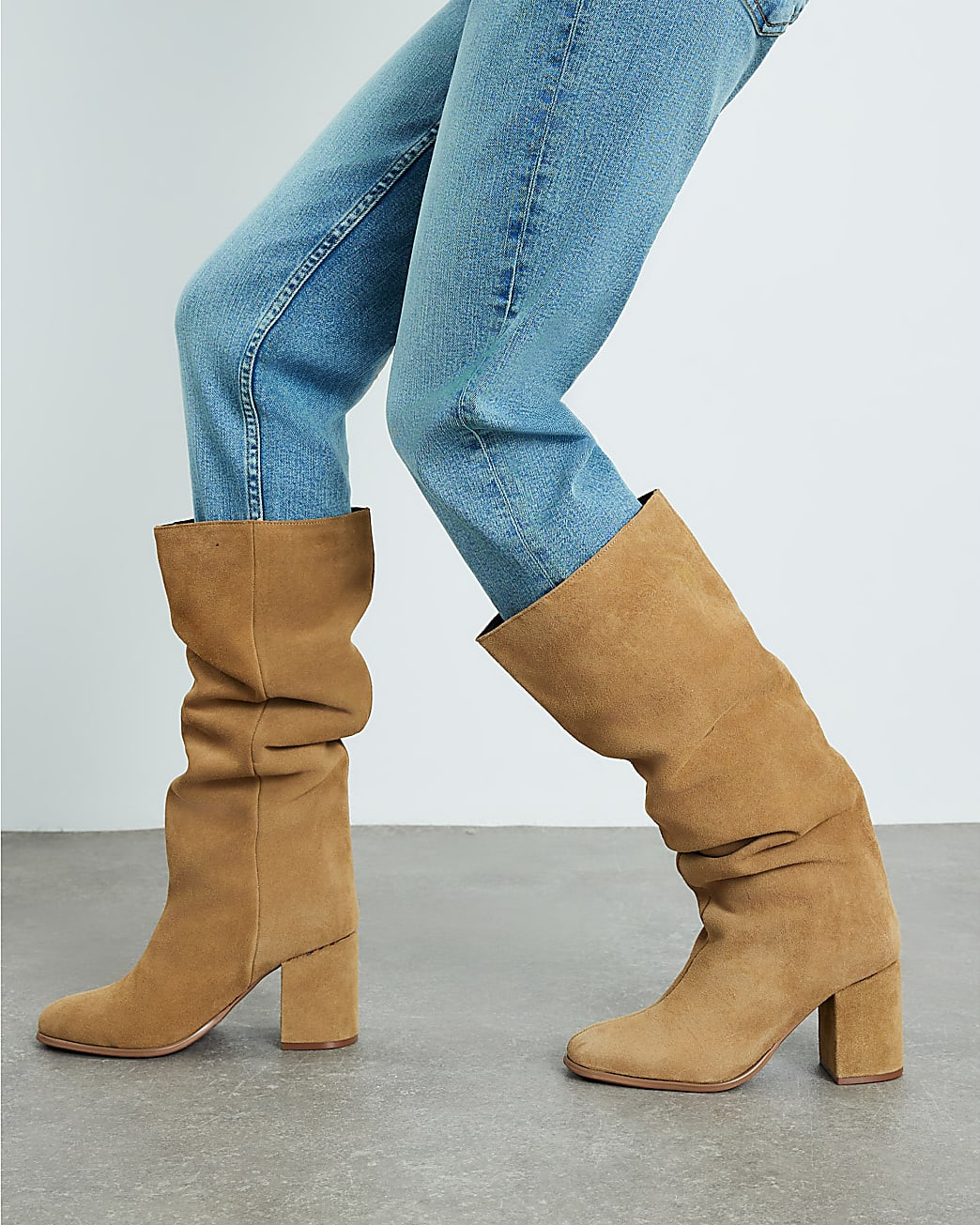 Brown Suede Block Heel High Leg Boots | River Island UK & IE