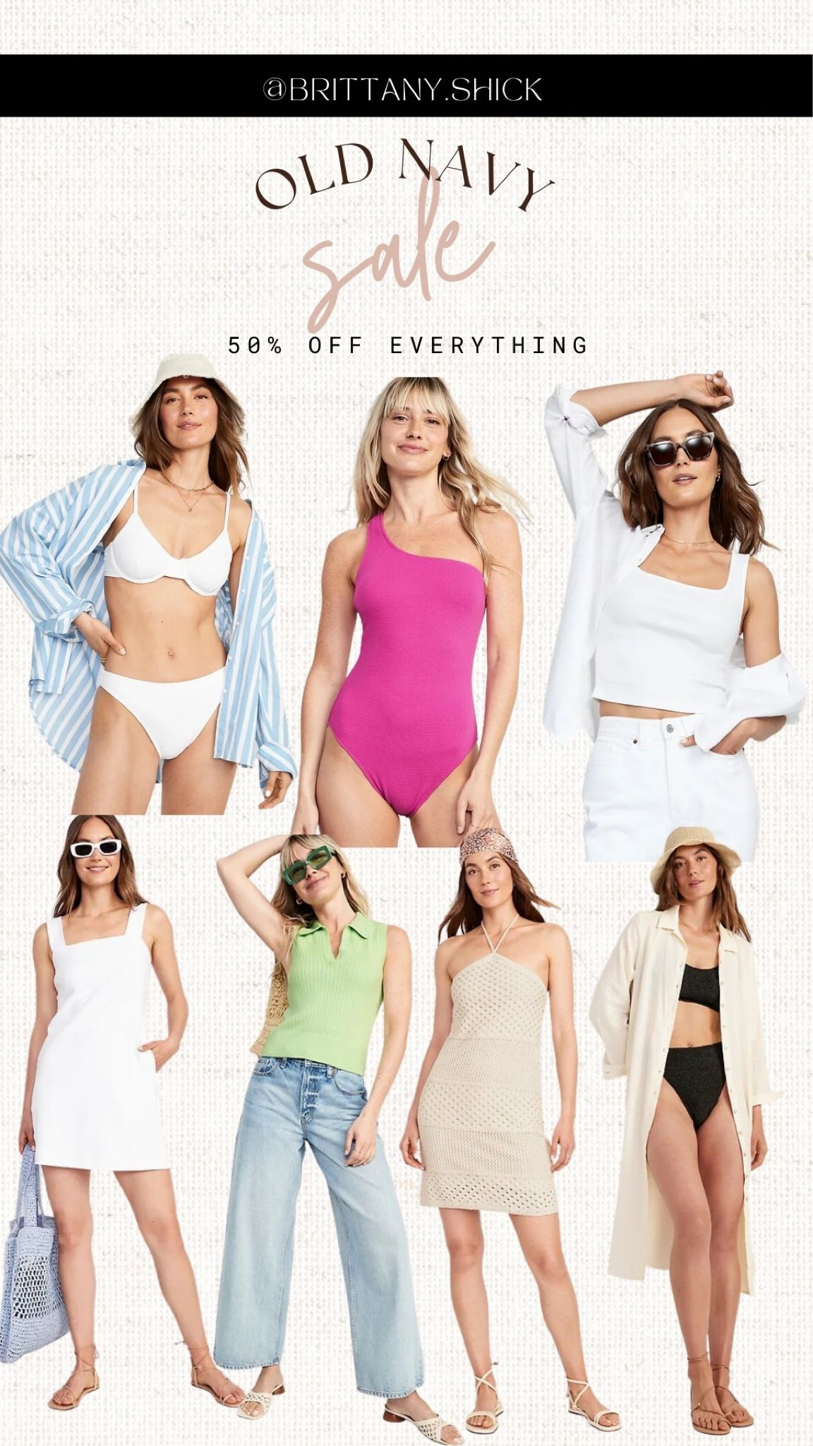 Old Navy 50% off everything 
Memorial Day Sale
Swim Bathing suit
Coverup
Dress
Top
Crochet 

#LTKunder50 #LTKsalealert #LTKunder100