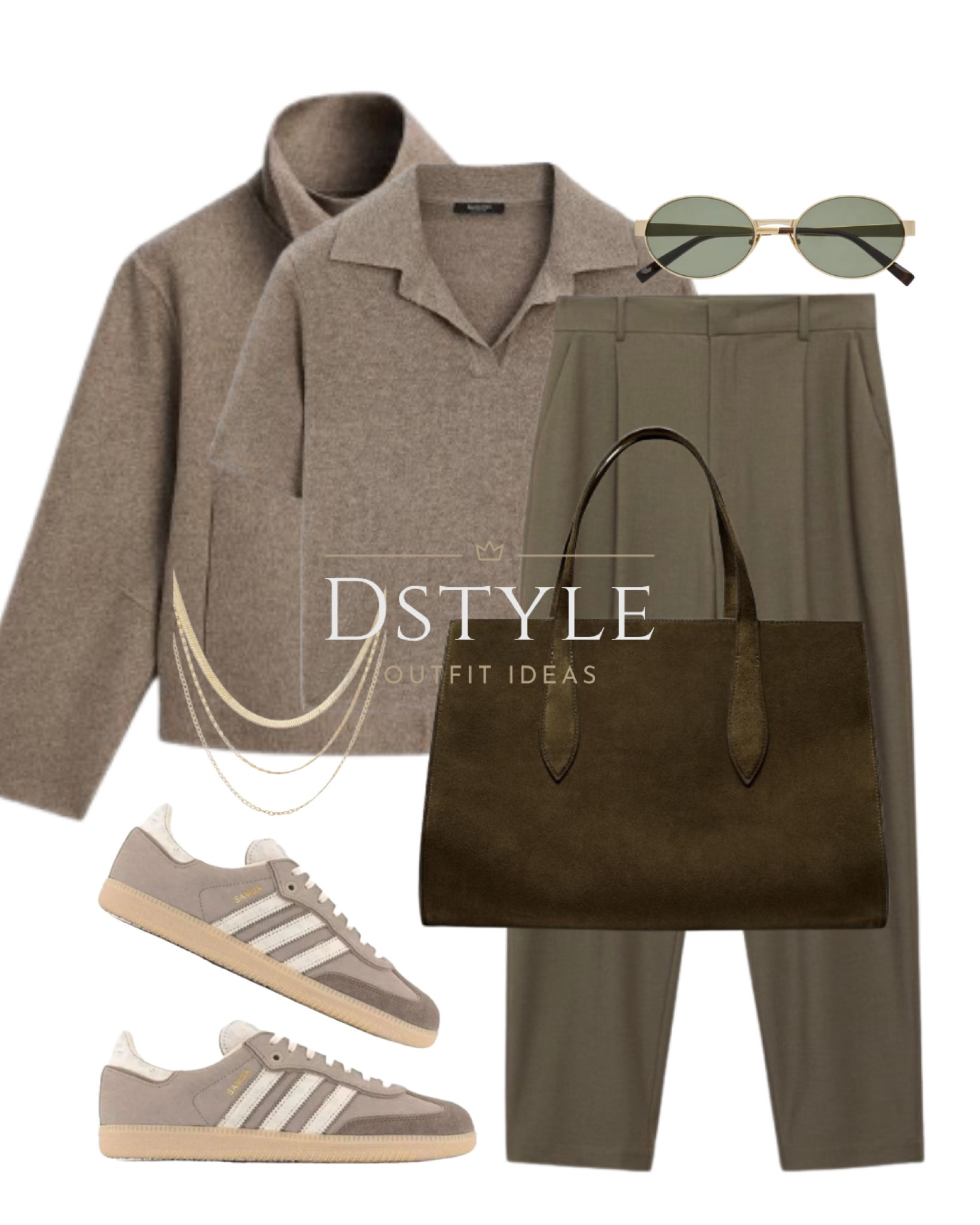 Short sleeve knit polo shirt, green straight mid-rise trousers, brown wool-blend jacket, green split suede maxi tote bag, Adidas Samba, YSL sunglasses.
workwear, office wear 

 #LTKStyleTip #LTKWorkwear #LTKItBag