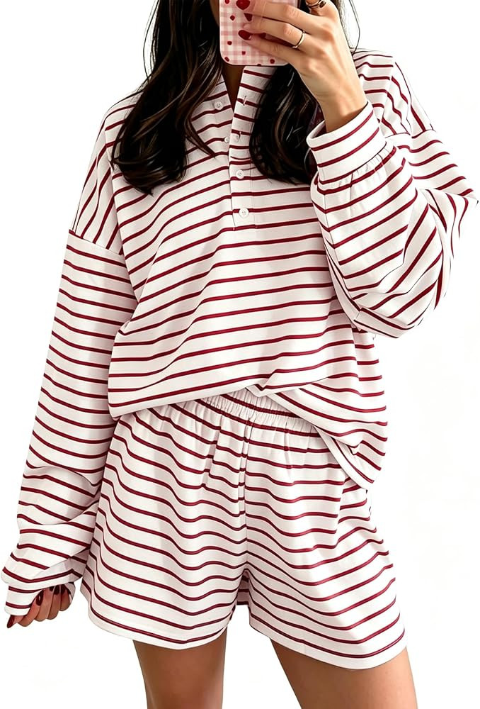 Yimoon 2 Piece Sets for Women Striped Short Sets Oversized Matching Lounge | Amazon (US)