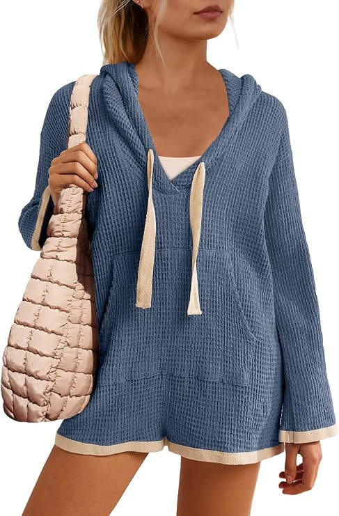Yanekop Womens V Neck Romper Waffle Knit Jumpsuit Short Overalls Romper One Piece Jumper with Hoo... | Amazon (US)