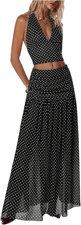 SOLY HUX Women's 2 Piece Polka Dots Halter Crop Tops and Maxi Skirt Set | 2 Piece Skirt Sets, Pol... | Amazon (US)