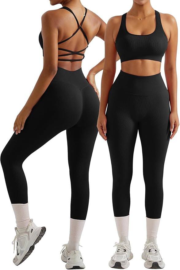 OMKAGI Women Ribbed Workout Sets Seamless Strappy Sport Bra Butt Lifting Leggings Outfits | Amazon (US)