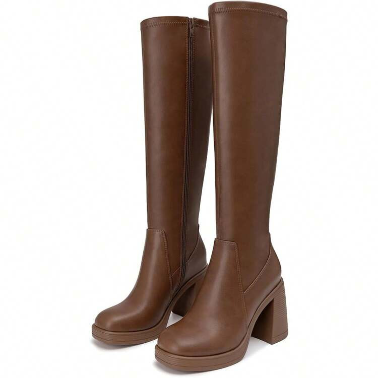 Women's Stretch Knee High Boots - Platform Chunky Heel Square Toe Side Zip | SHEIN