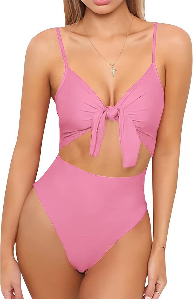 Qearal Womens Strappy One Piece Swimsuits Tie Knot Front Bathing Suits Cut Out Monokini Swimwear | Amazon (US)