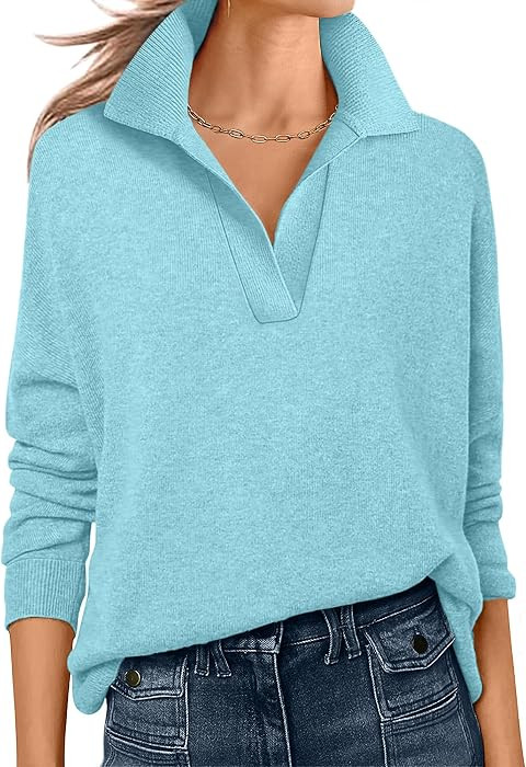 ANRABESS Women Polo V Neck Lightweight Fall Sweaters     Long Sleeve Collared Lapel Pullover\uff0... | Amazon (US)
