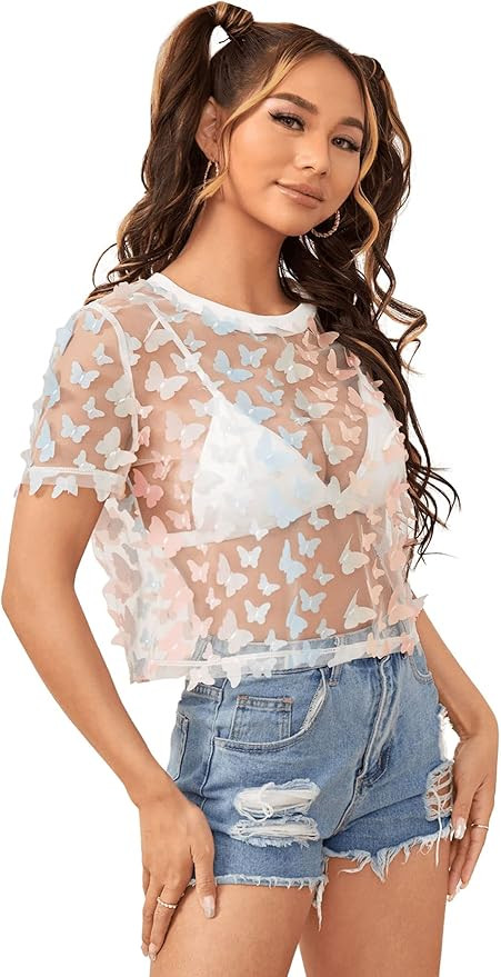 SweatyRocks Women Sheer Mesh Crop Tops Floral Embroided See Throught Short Sleeve Tee Shirt Blous... | Amazon (US)