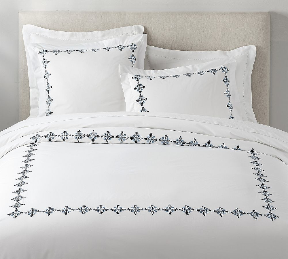 Tile Embroidered Organic Percale Duvet, Cool Multi, King/Cal. King | Pottery Barn (US)
