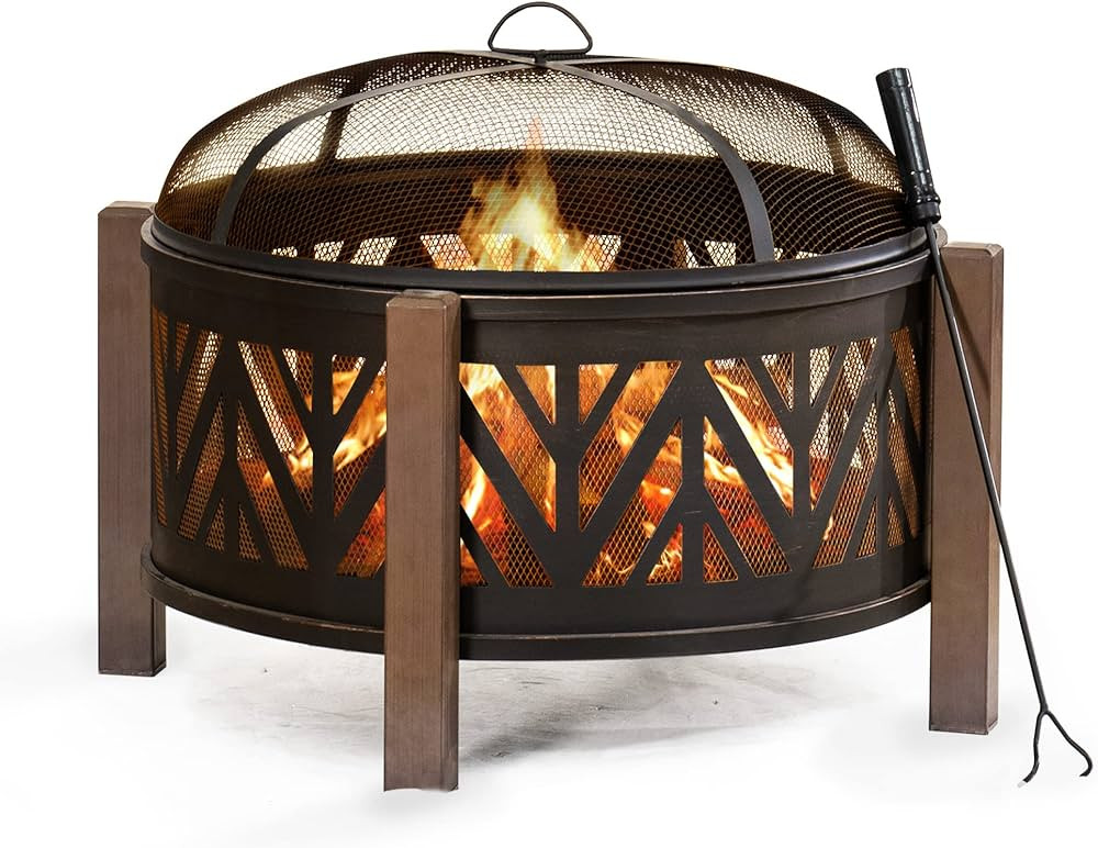 Sunjoy 27 in. Large Fire Pits for Outside Round Wood-Burning Fire Pit, Outdoor Patio Steel Bowl S... | Amazon (US)